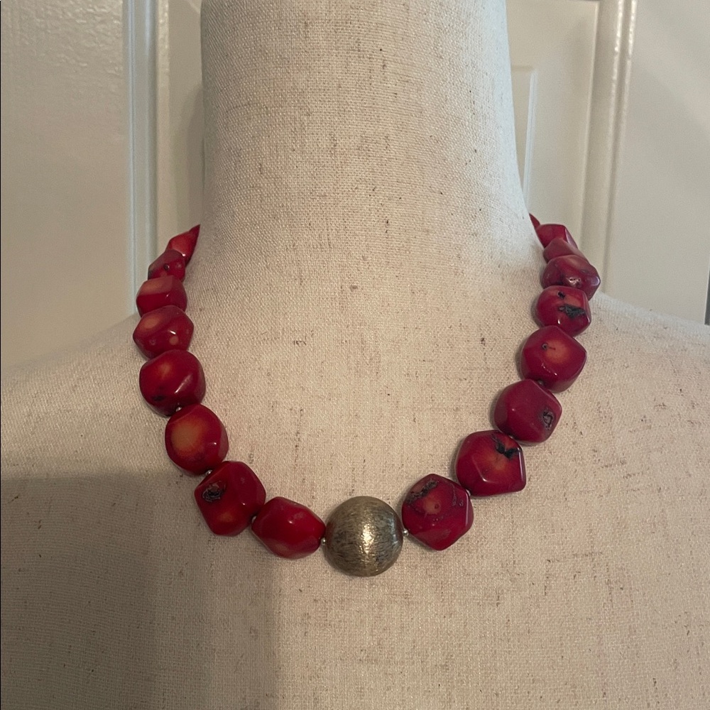 Red Beaded Necklace with Silver Accent